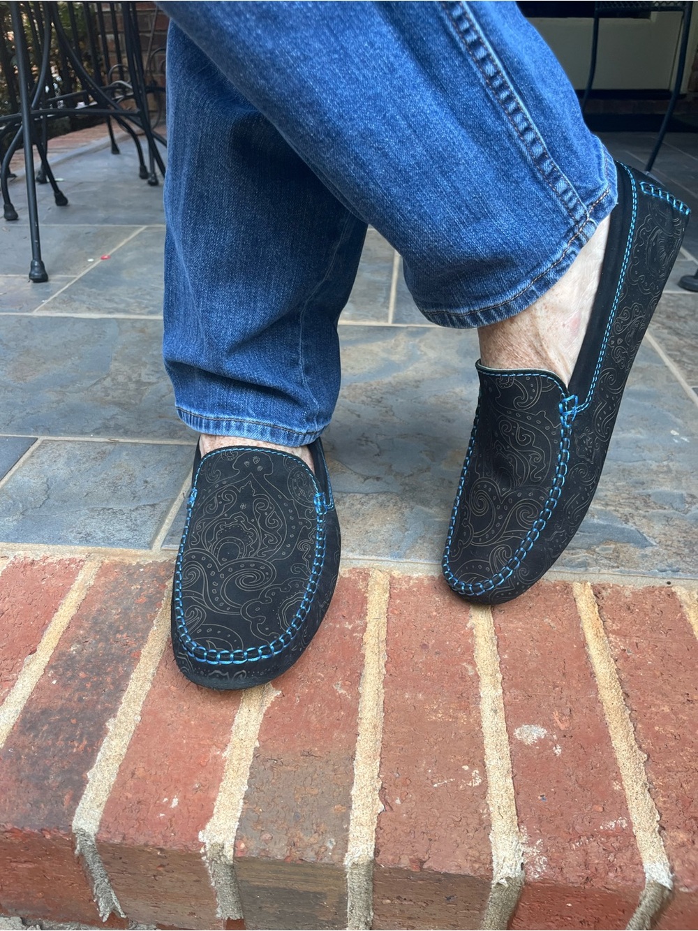Robert Graham Blk leather Paisley upper Loafers with Blue Accents Stitching 10.5